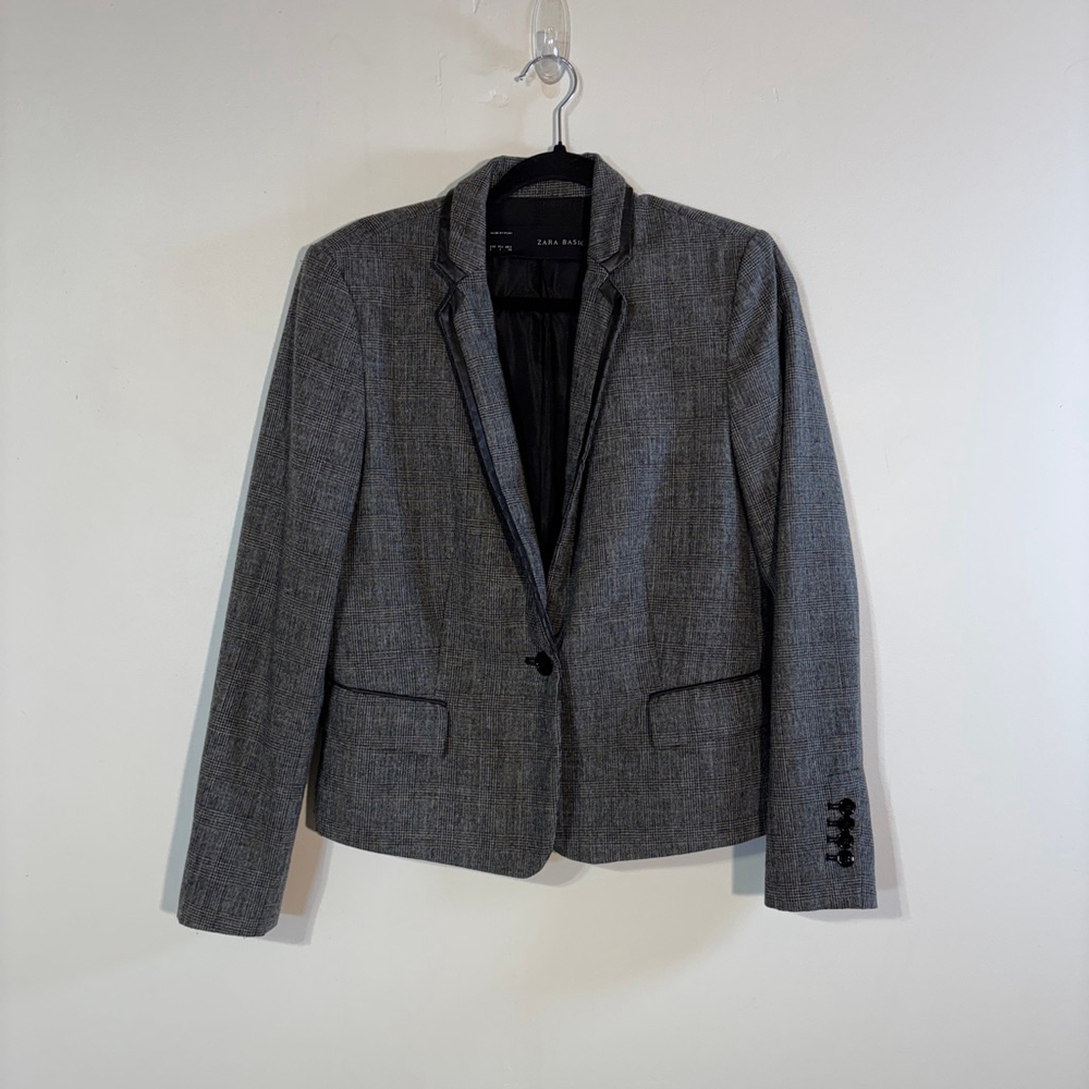 Zara Gray Glen Plaid Blazer Women’s Large Black Trim Wool Blend One Button